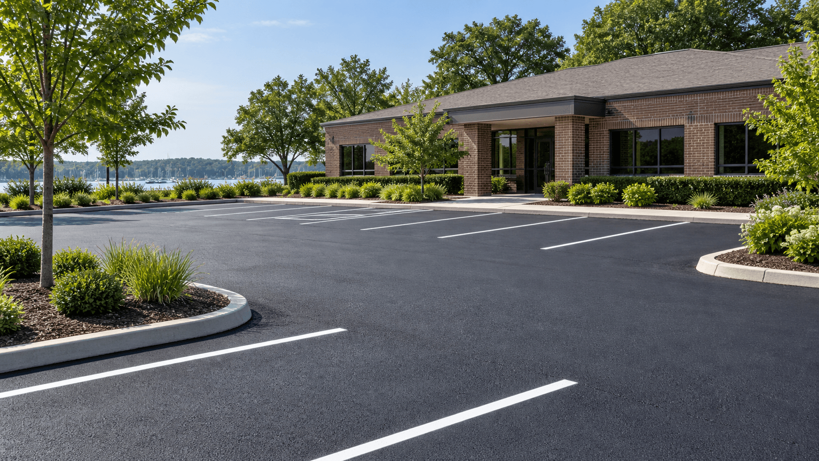 Fresh asphalt and white striping in a commercial parking lot