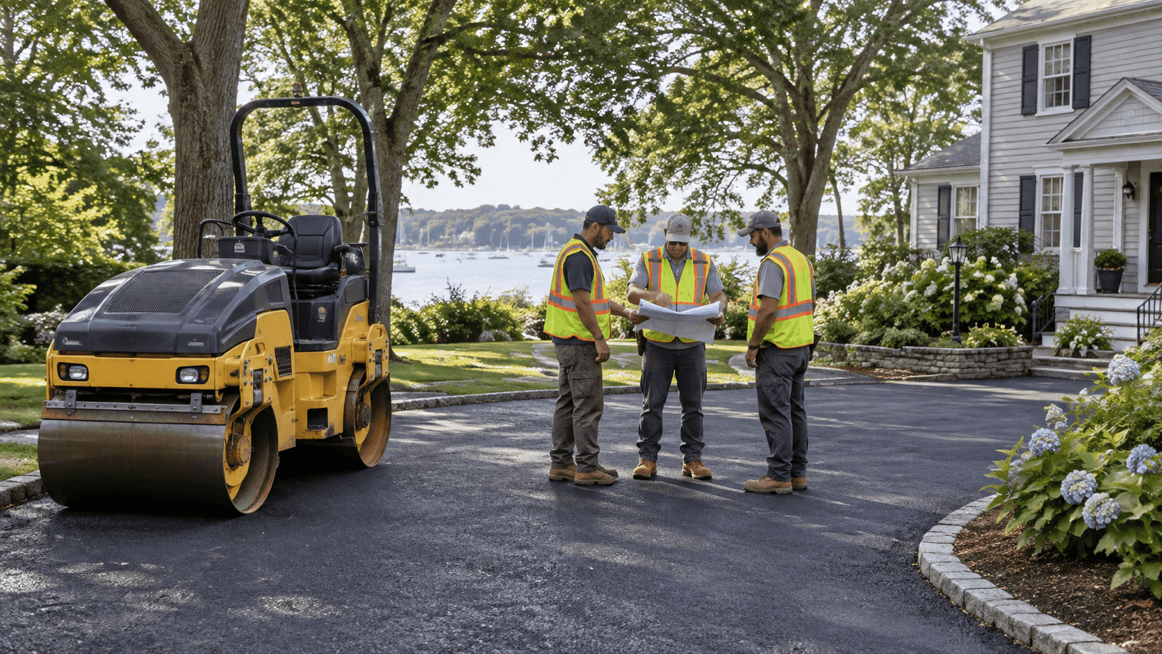 Paving crew planning a project beside a road roller