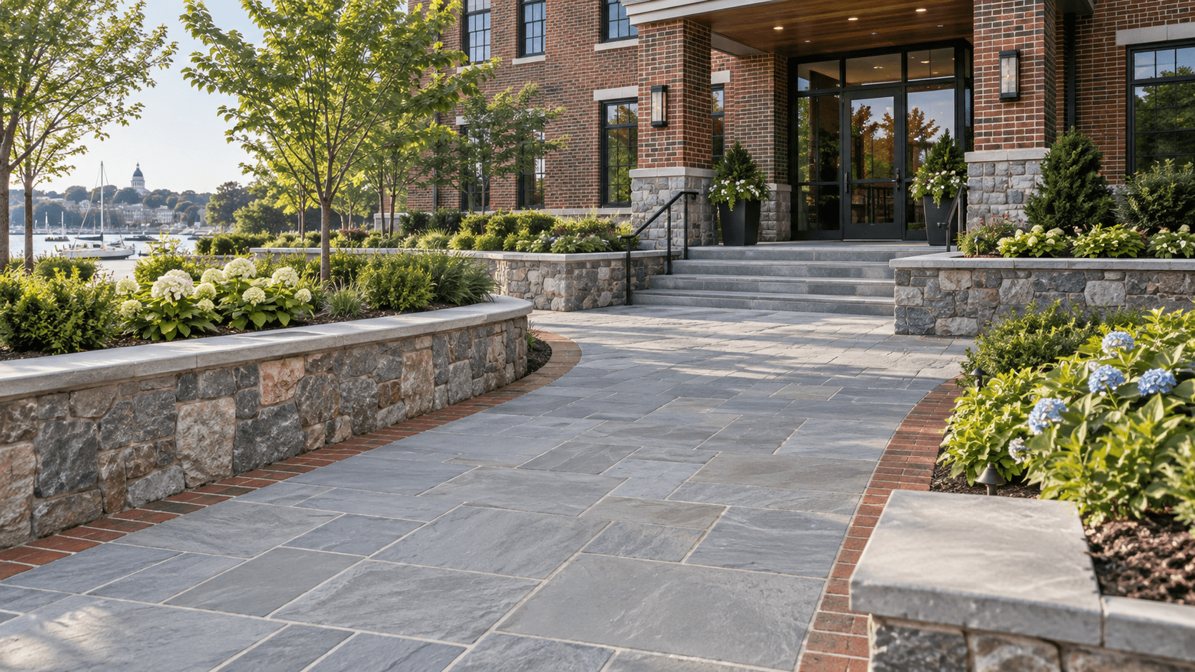 Stone walkway and low masonry walls at a commercial entrance